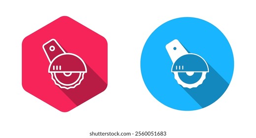 Filled and outline Electric circular saw with steel toothed disc icon isolated with long shadow background. Electric hand tool for cutting wood or metal.  Vector