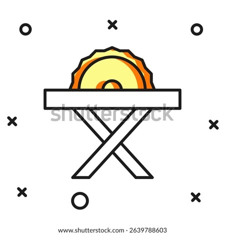 Filled outline Electric circular saw with steel toothed disc icon isolated on white background. Electric hand tool for cutting wood or metal. Flat filled outline style with shadow. Vector