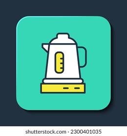 Filled outline Electric kettle icon isolated on blue background. Teapot icon. Turquoise square button. Vector