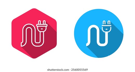 Filled and outline Electric plug icon isolated with long shadow background. Concept of connection and disconnection of the electricity.  Vector