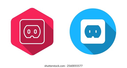 Filled and outline Electrical outlet icon isolated with long shadow background. Power socket. Rosette symbol.  Vector