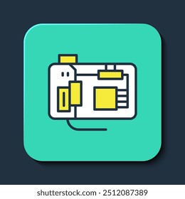 Descrição preenchida Componentes eletrônicos do computador motherboard chip digital integrado ícone da ciência isolado no fundo azul. Placa de circuito. Botão quadrado turquesa. Vetor