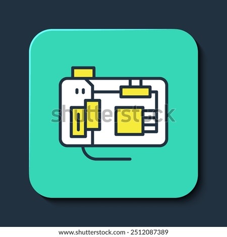 Filled outline Electronic computer components motherboard digital chip integrated science icon isolated on blue background. Circuit board. Turquoise square button. Vector