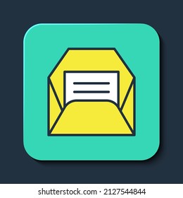Filled outline Envelope icon isolated on blue background. Received message concept. New, email incoming message, sms. Mail delivery service. Turquoise square button. Vector