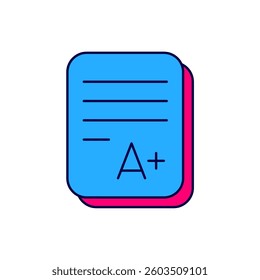 Filled outline Exam sheet with A plus grade icon isolated on white background. Test paper, exam, or survey concept. School test or exam.  Vector