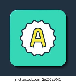 Filled outline Exam sheet with A plus grade icon isolated on blue background. Test paper, exam, or survey concept. School test or exam. Turquoise square button. Vector
