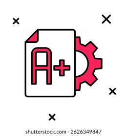Filled outline Exam sheet with A plus grade icon isolated on white background. Test paper, exam, or survey concept. School test or exam.  Vector