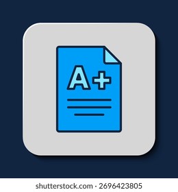 Hoja de examen de contorno lleno con un icono de grado A más aislado sobre fondo azul. Papel de prueba, examen o concepto de Encuesta. Examen escolar o examen.  Vector