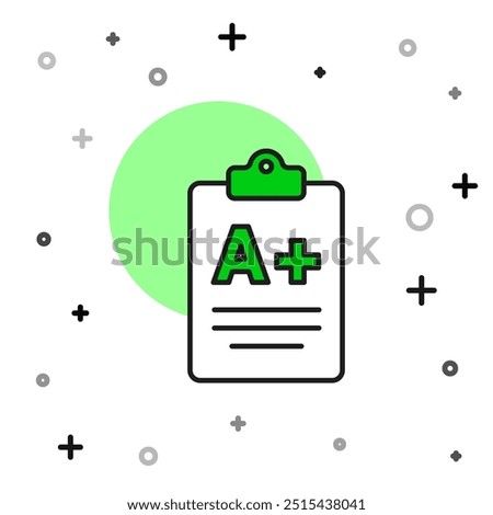 Filled outline Exam sheet with A plus grade icon isolated on white background. Test paper, exam, or survey concept. School test or exam.  Vector