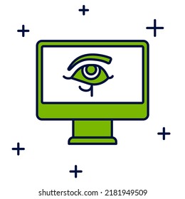 Filled outline Eye of Horus on monitor icon isolated on white background. Ancient Egyptian goddess Wedjet symbol of protection, royal power and good health.  Vector
