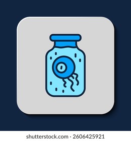 Filled outline Eye in a jar icon isolated on blue background. Happy Halloween party.  Vector