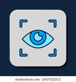 Filled outline Eye scan icon isolated on blue background. Scanning eye. Security check symbol. Cyber eye sign.  Vector