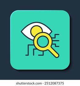 Icono de escaneo de ojos aislado sobre fondo azul. Gammagrafía de la retina. Escaneando el ojo. Símbolo de control de seguridad. Signo cibernético del ojo. Botón cuadrado turquesa. Vector