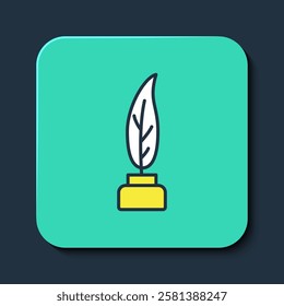 Filled outline Feather and inkwell icon isolated on blue background. Turquoise square button. Vector