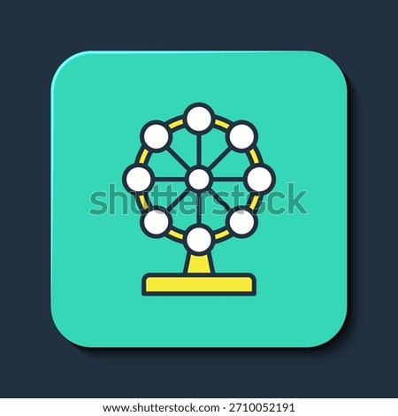 Filled outline Ferris wheel icon isolated on blue background. Amusement park. Childrens entertainment playground, recreation park. Turquoise square button. Vector