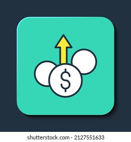 Filled outline Financial growth dollar coin icon isolated on blue background. Increasing revenue. Turquoise square button. Vector