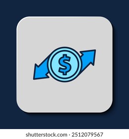 Filled outline Financial growth and dollar coin icon isolated on blue background. Increasing revenue.  Vector