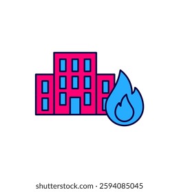 Filled outline Fire in burning buildings on city street icon isolated on white background. Destroyed city on fire.  Vector