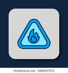 Filled outline Fire flame in triangle icon isolated on blue background. Warning sign of flammable product.  Vector