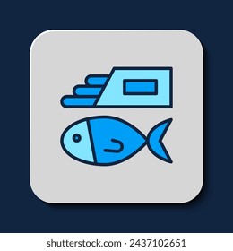 Gefüllter Umriss Fish and Chips Symbol isoliert auf blauem Hintergrund.  Vektor
