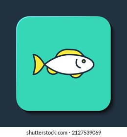 Filled outline Fish icon isolated on blue background. Turquoise square button. Vector