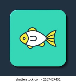 Filled outline Fish icon isolated on blue background. Turquoise square button. Vector
