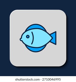 Icono de pescado de contorno lleno aislado sobre fondo azul.  Vector