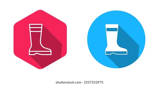 Filled and outline Fishing boots icon isolated with long shadow background. Waterproof rubber boot. Gumboots for rainy weather, fishing, hunter, gardening.  Vector