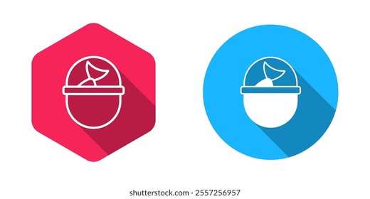 Filled and outline Fishing bucket with fish icon isolated with long shadow background. Fish in a bucket.  Vector