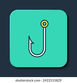 Filled outline Fishing hook icon isolated on blue background. Fishing tackle. Turquoise square button. Vector