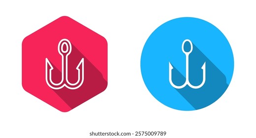 Filled and outline Fishing hook icon isolated with long shadow background. Fishing tackle.  Vector