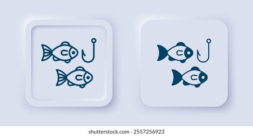 Filled and outline Fishing hook under water with fish icon isolated on grey background. Fishing tackle. Square button. Vector