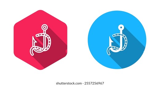 Filled and outline Fishing hook and worm icon isolated with long shadow background. Fishing tackle.  Vector