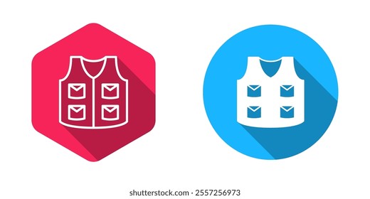 Filled and outline Fishing jacket icon isolated with long shadow background. Fishing vest.  Vector