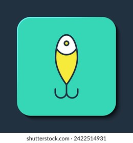 Filled outline Fishing lure icon isolated on blue background. Fishing tackle. Turquoise square button. Vector