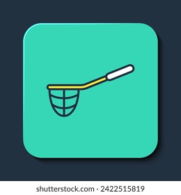 Filled outline Fishing net icon isolated on blue background. Fishing tackle. Turquoise square button. Vector