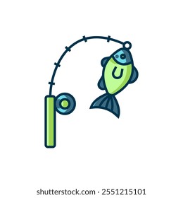 Filled outline Fishing rod and fish icon isolated on white background. Fishing equipment and fish farming topics. Flat filled outline style with shadow. Vector