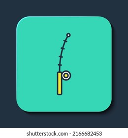 Filled outline Fishing rod icon isolated on blue background. Catch a big fish. Fishing equipment and fish farming topics. Turquoise square button. Vector