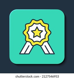 Esquema relleno Icono de revisión de calificación de producto de cinco estrellas aislado en fondo azul. Favorito, mejor calificación, símbolo de premio. Botón cuadrado turquesa. Vector