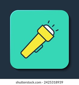 Filled outline Flashlight icon isolated on blue background. Turquoise square button. Vector