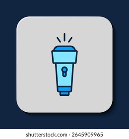 Icono de linterna de contorno lleno aislado sobre fondo azul.  Vector