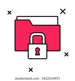 Filled outline Folder and lock icon isolated on white background. Closed folder and padlock. Security, safety, protection concept.  Vector