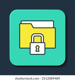 Carpeta de contorno llena e icono de bloqueo aislado sobre fondo azul. Carpeta cerrada y candado. Seguridad, seguridad, concepto de protección. Botón cuadrado turquesa. Vector
