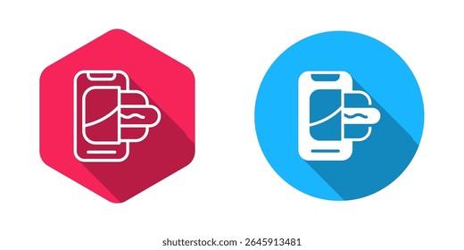 Filled and outline Food ordering on mobile icon isolated with long shadow background. Order by mobile phone. Restaurant food delivery concept.  Vector