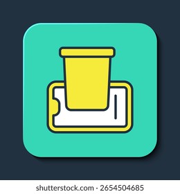 Esquema lleno Pedido de alimentos en el icono móvil aislado sobre fondo azul. Pedido por teléfono móvil. Concepto de entrega de comida de restaurante. Botón cuadrado turquesa. Vector