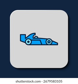 Esquema lleno icono de coche de carreras de Fórmula 1 aislado sobre fondo azul.  Vector