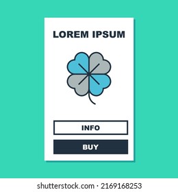 Filled outline Four leaf clover icon isolated on turquoise background. Happy Saint Patrick day.  Vector