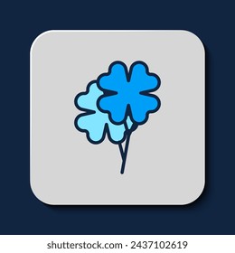 Filled outline Four leaf clover icon isolated on blue background. Happy Saint Patrick day.  Vector