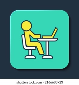 Filled outline Freelancer icon isolated on blue background. Freelancer man working on laptop at his house. Online working, distant job concept. Turquoise square button. Vector