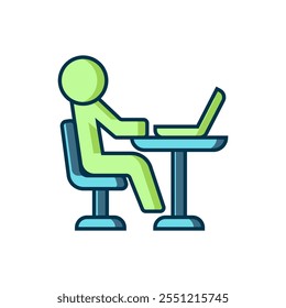 Filled outline Freelancer icon isolated on white background. Freelancer man working on laptop at his house. Online working, distant job concept. Flat filled outline style with shadow. Vector